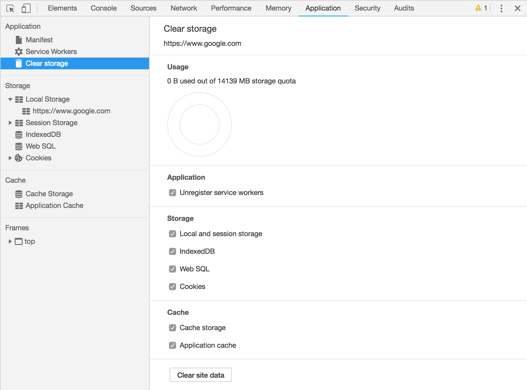Clear application data in Chrome development tools