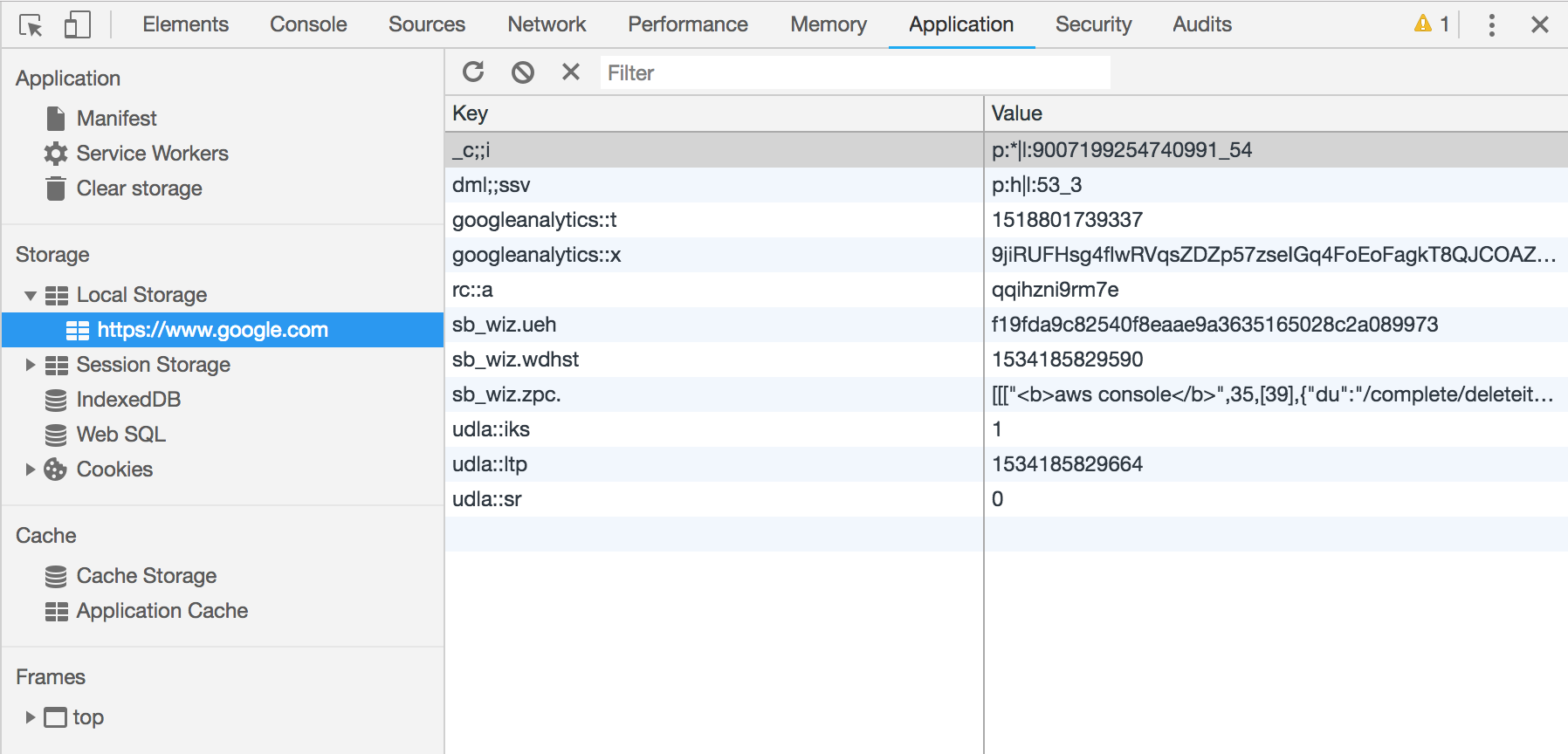 Application option in Chrome development tools