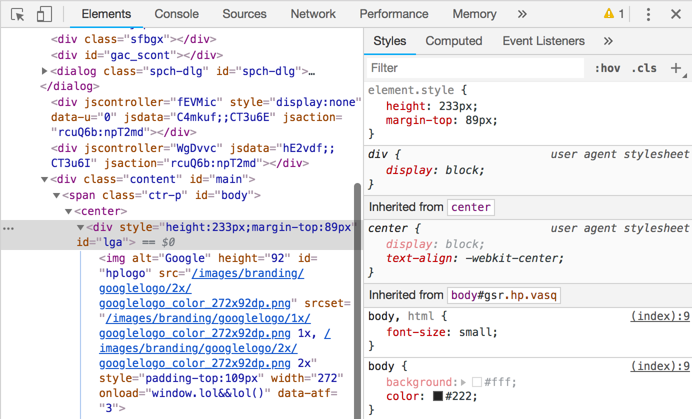 Elements option in Chrome development tools