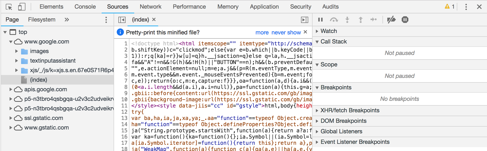 Sources option in Chrome development tools