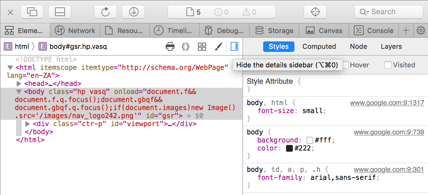 Show Elements details in Safari development tools