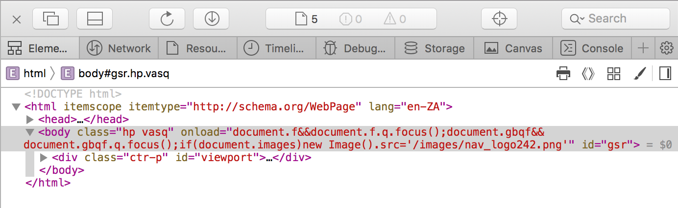 Elements option in Safari development tools