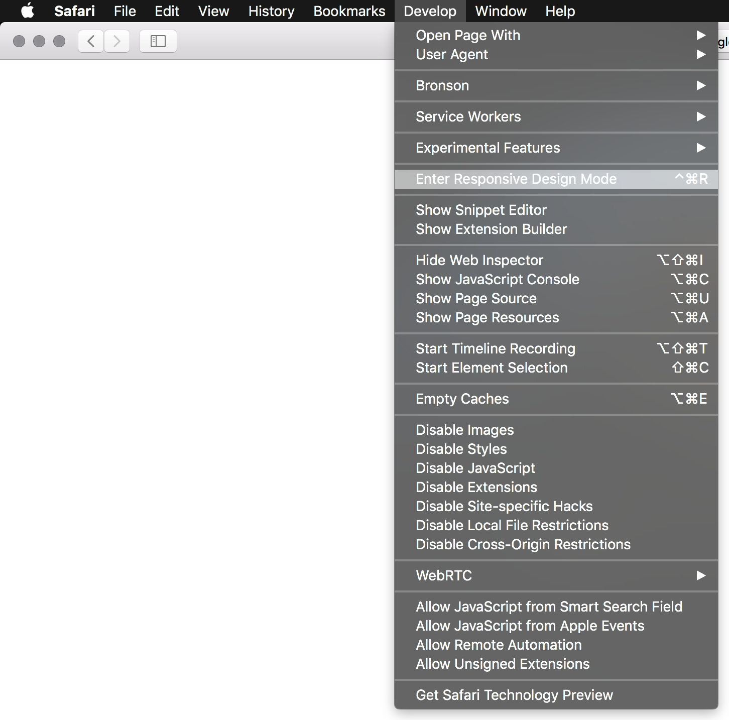 Enter Responsive Design Mode using Safari