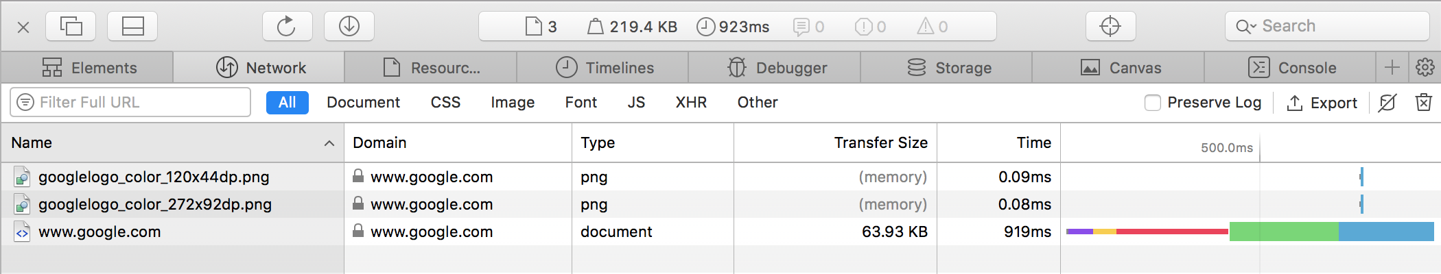 Network option in Safari development tools
