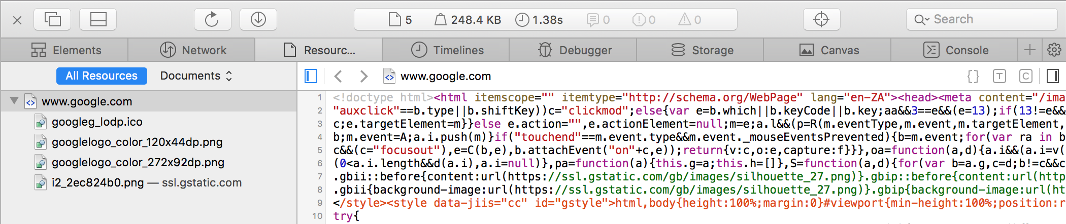 Resources option in Safari development tools